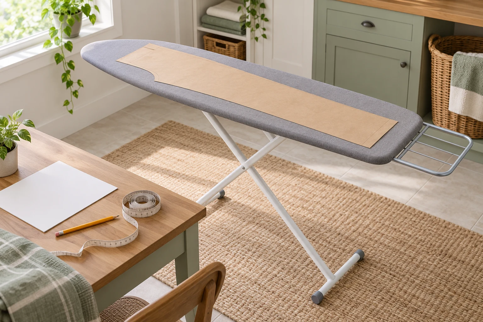 An ironing board price premium decision illustrated by a paper panel within the padded surface, separate from the metal rest.