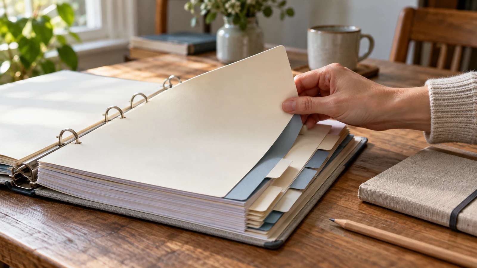 document heading hierarchy: A hand lifts a blank divider in a tabbed binder beside a pencil and notebook.