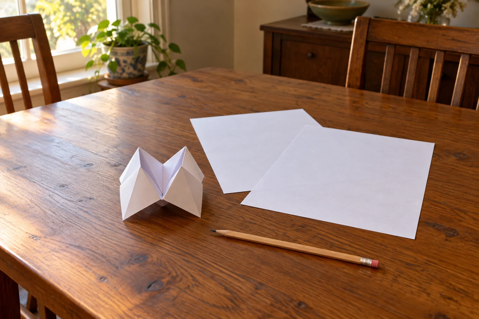 Paper fortune teller conversation concept with a complete generic folded paper toy, blank letter sheets and a whole pencil on a home dining table.