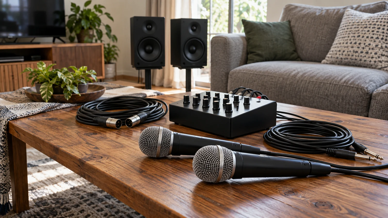 Karaoke setup checks: Two microphones, coiled cables and an audio mixer sit on a wooden table near speakers and a sofa.