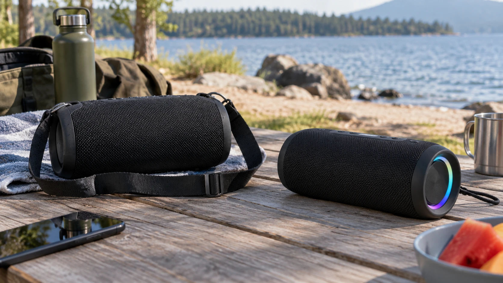 For JBL Charge 6 portable speaker, consider water and dust ratings, battery claims, stereo pairing, local inputs, lighting, and bundle contents.