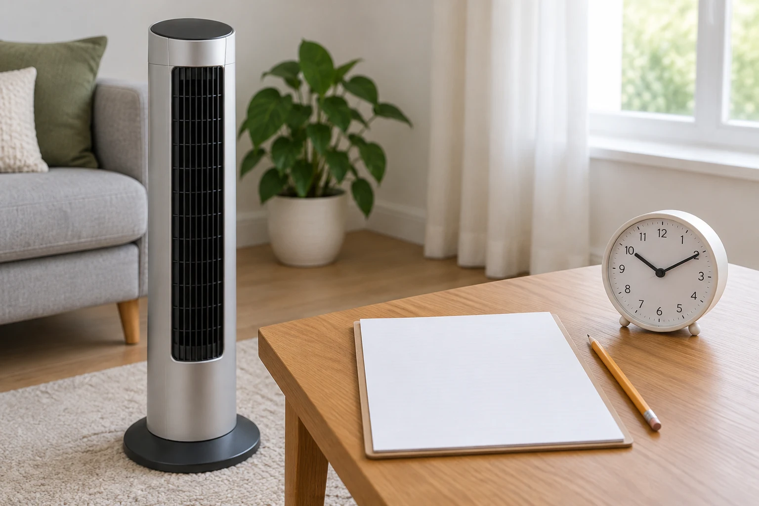 Tower fan stops unexpectedly concept with a generic inactive tower fan beside a blank event-record sheet, pencil and separate clock, without exposed wiring or a repair demonstration
