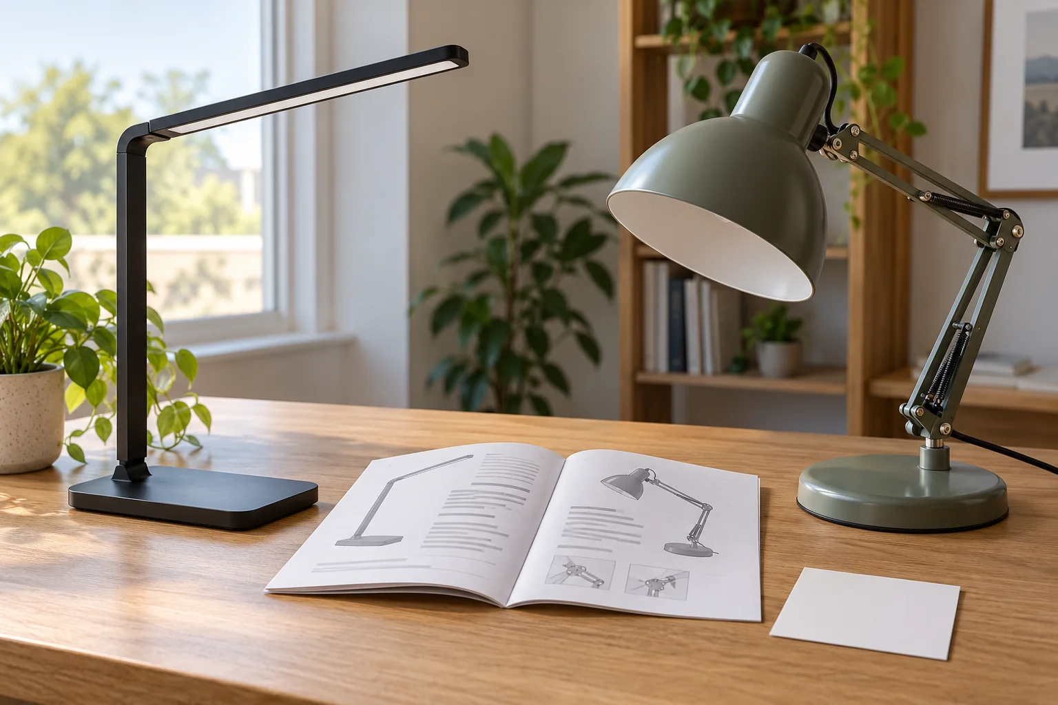 Desk lamp light source compatibility comparison with a slim LED lamp, shaded desk lamp and open owner manual on a wooden desk.