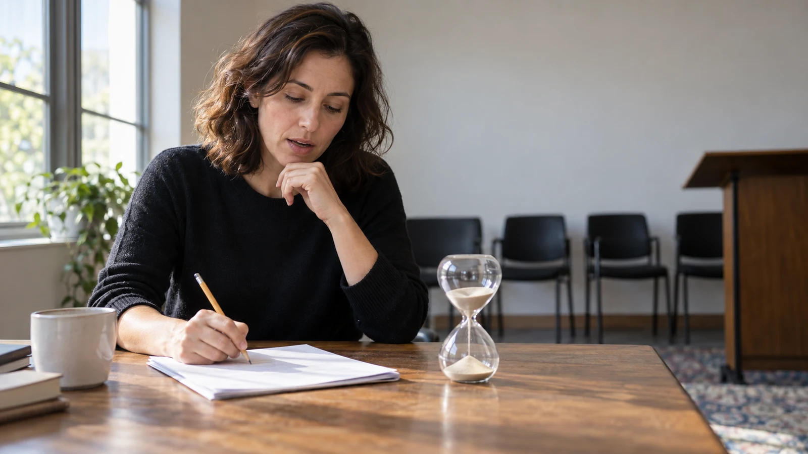 presentation rehearsal timing: A woman writes on paper beside a glass sand timer at a wooden table.