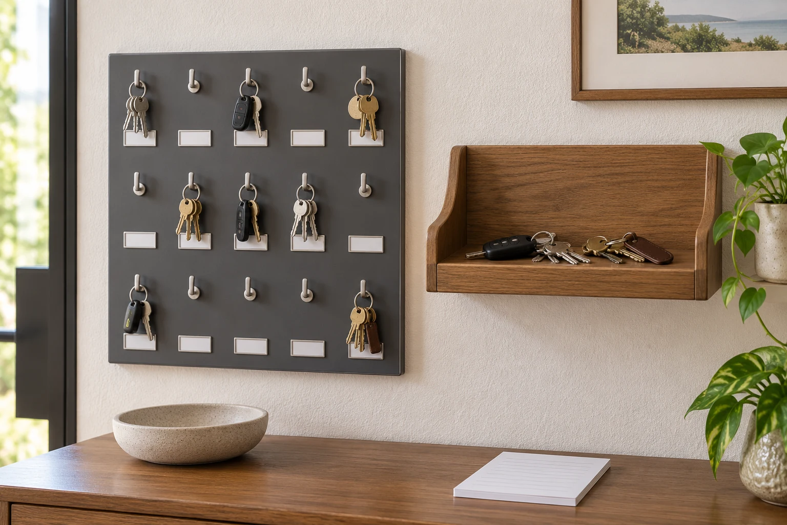Labeled key rack capacity comparison showing a fifteen-hook board with blank label tabs beside a wall key shelf holding several key rings.