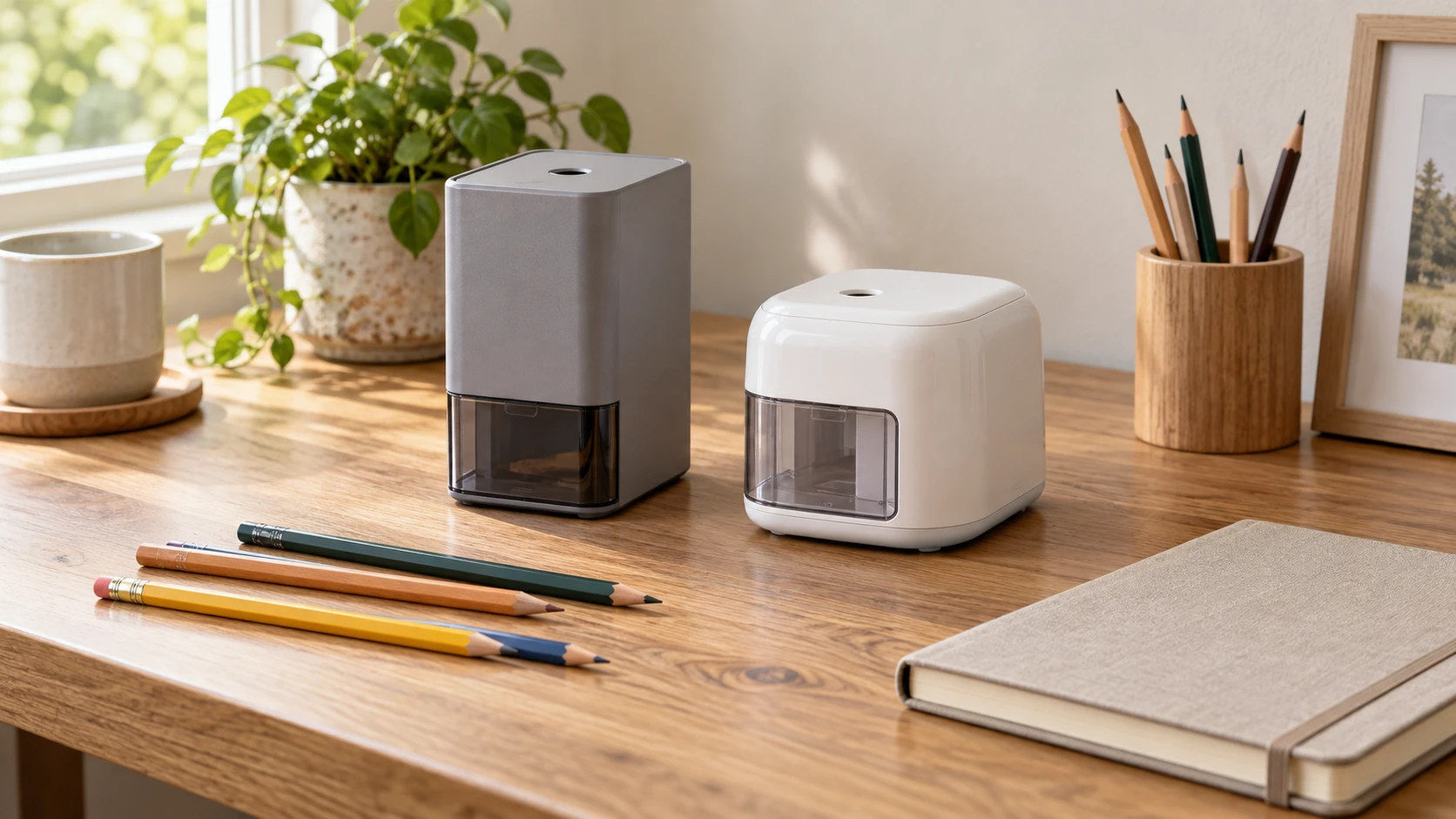 Pencil won't fit an electric sharpener concept with two complete generic inactive sharpeners and separate pencils on a desk.