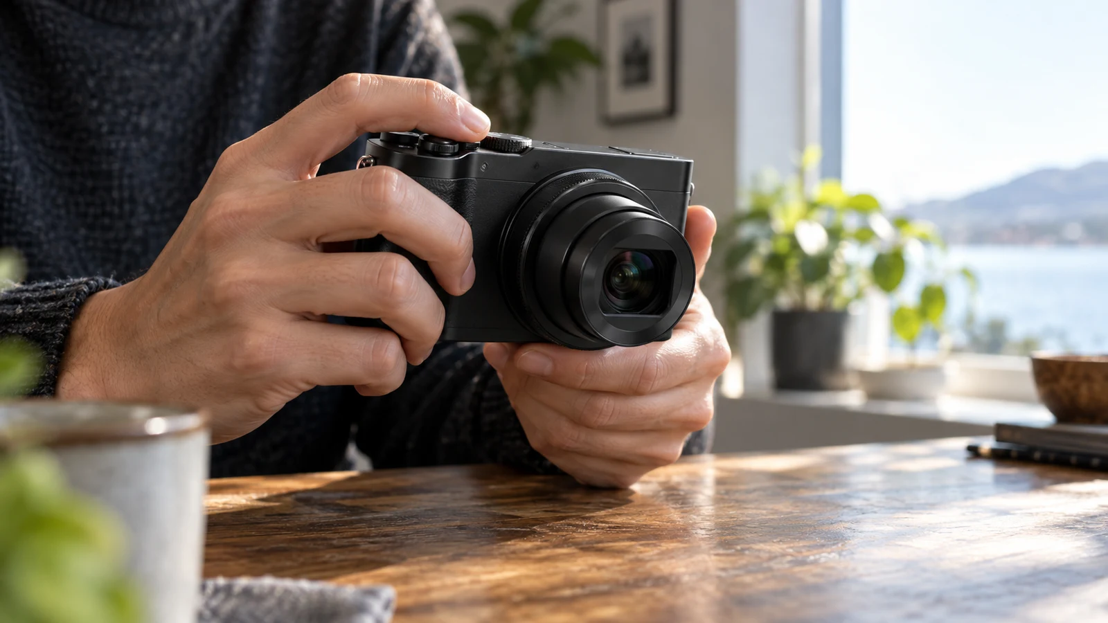 Sony ZV-1 II exposure lock checks: Hands hold an unbranded black compact camera above a wooden table beside a bright window.