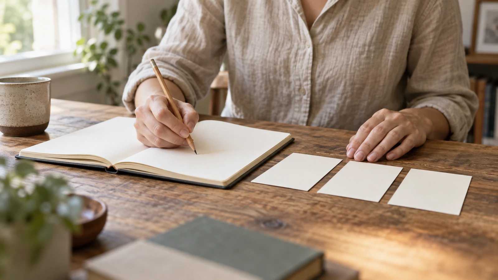 task instruction writing: A person holds a pencil against an open notebook beside three blank cards on a wooden table.