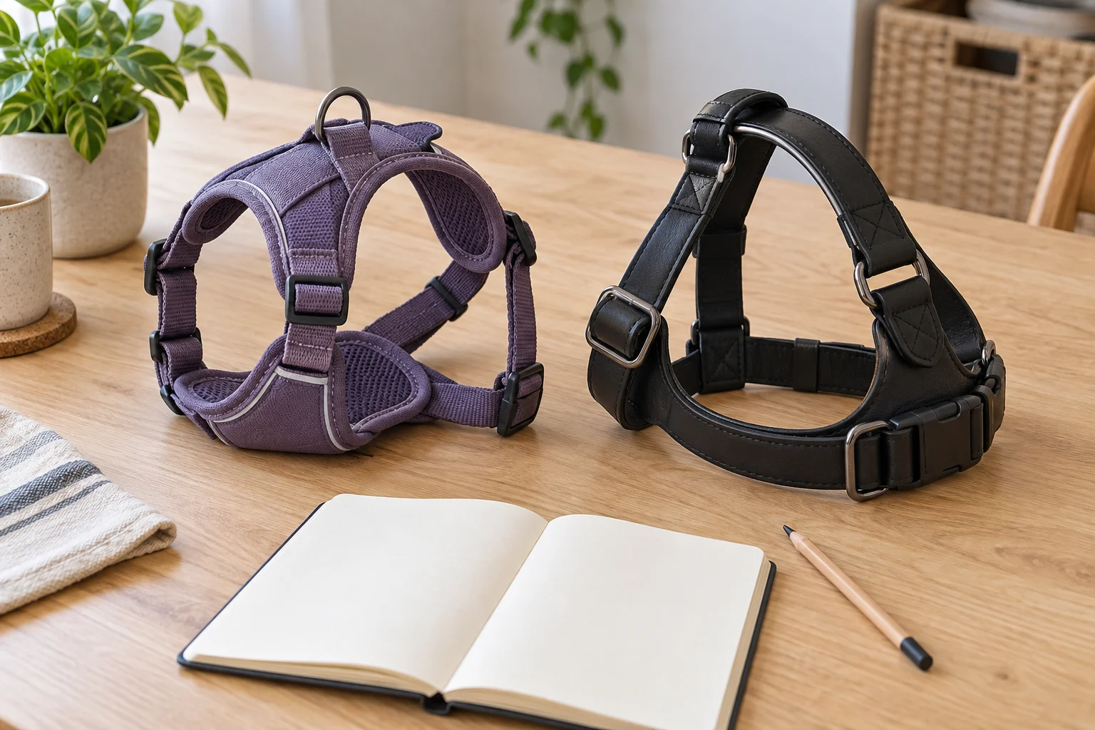 Dog harness size compatibility concept with two whole generic unused purple and black walking harnesses beside a blank notebook and pencil.