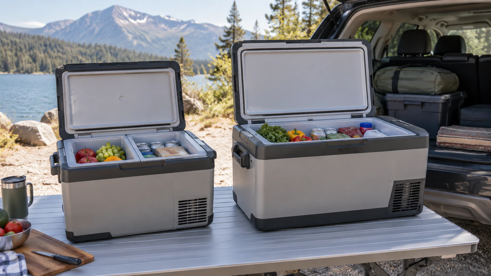 For VEVOR 48Qt dual-zone car refrigerator, weigh zone layout, load space, vehicle and home power, noise claims, controls, and saved prices.