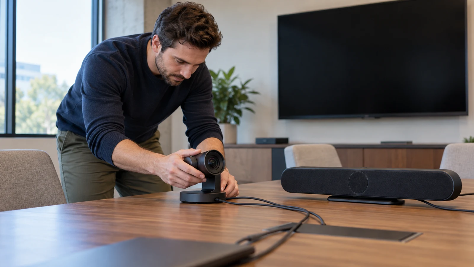 Barco ClickShare vs Logitech MeetUp: A man adjusts a camera beside a speaker bar on a conference table.