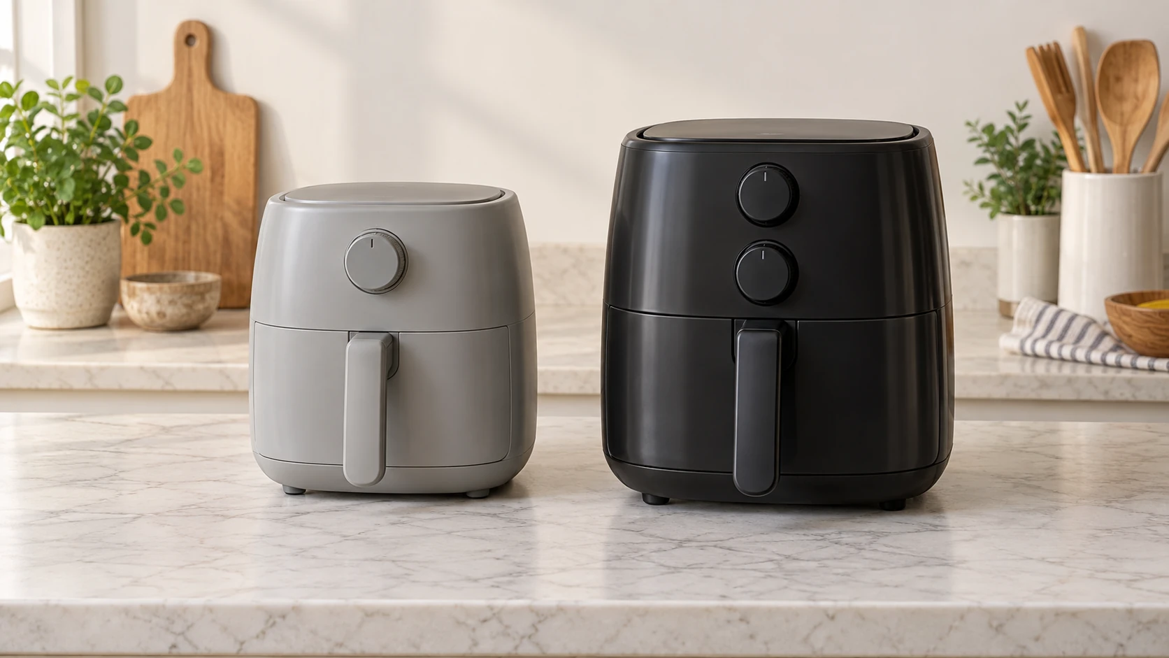 Compact air fryer temperature controls represented by two generic switched-off single-basket appliances with one and two plain dials and closed drawers; conceptual cover, not exact retail models or a demonstrated cooking arrangement.