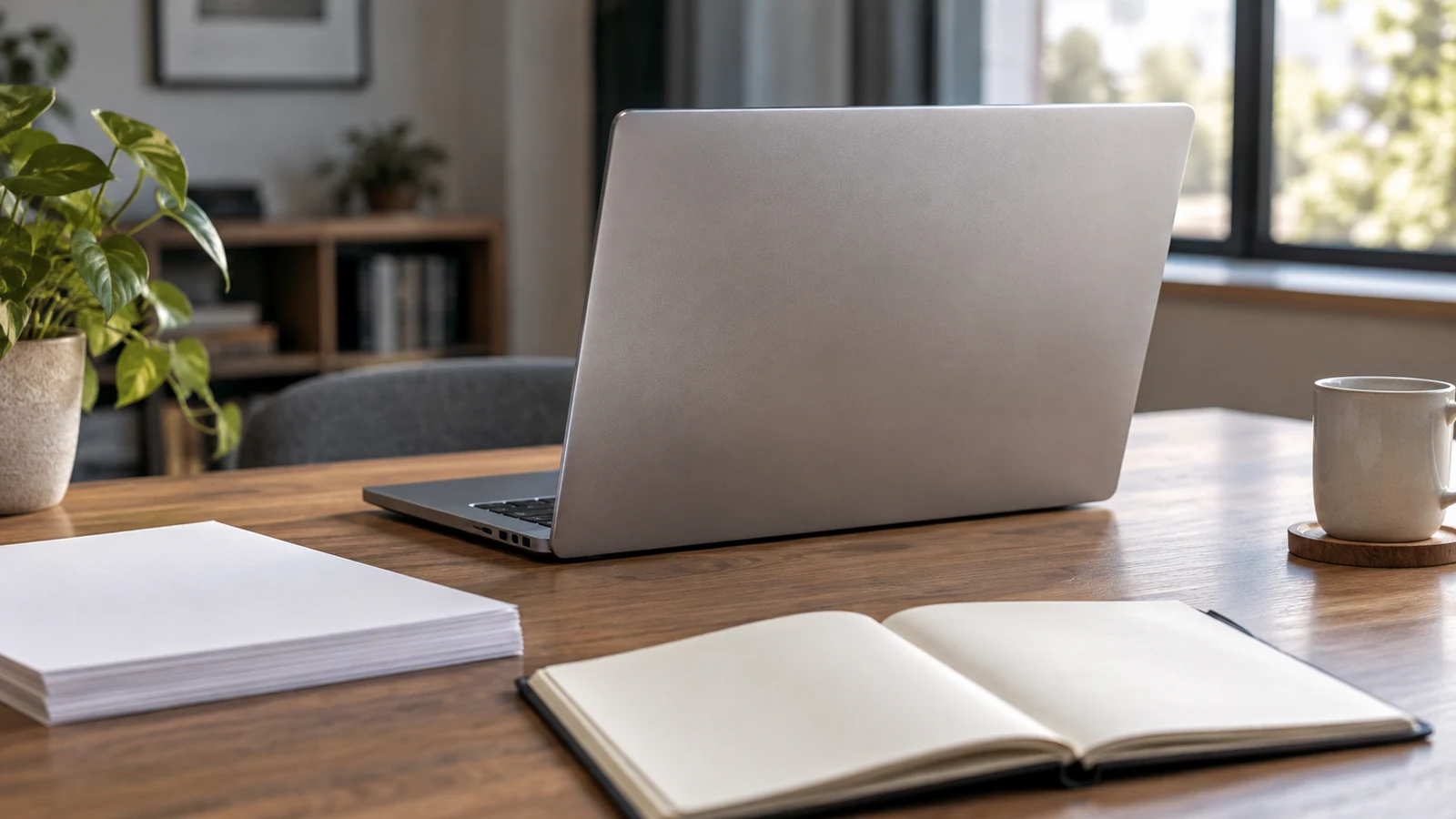 Dell Inspiron PDF export checks: An unbranded laptop sits on a wooden desk beside blank paper and an open notebook.