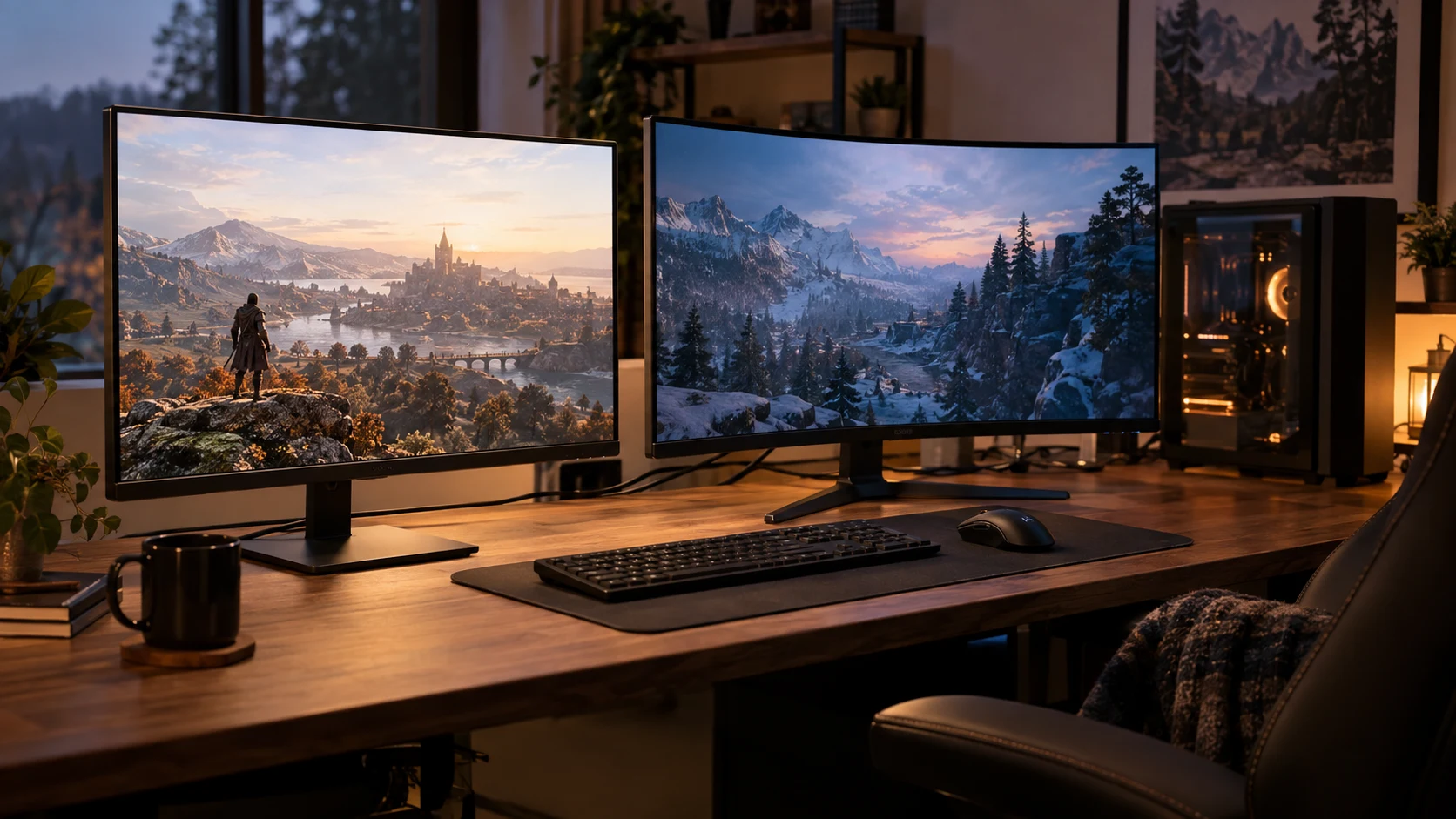 MSI MAG 322URDF E16 vs KTC H32S17F buying guide represented by generic flat and curved monitors at a gaming desk; conceptual illustration, not retail photographs or a measured image-quality comparison.