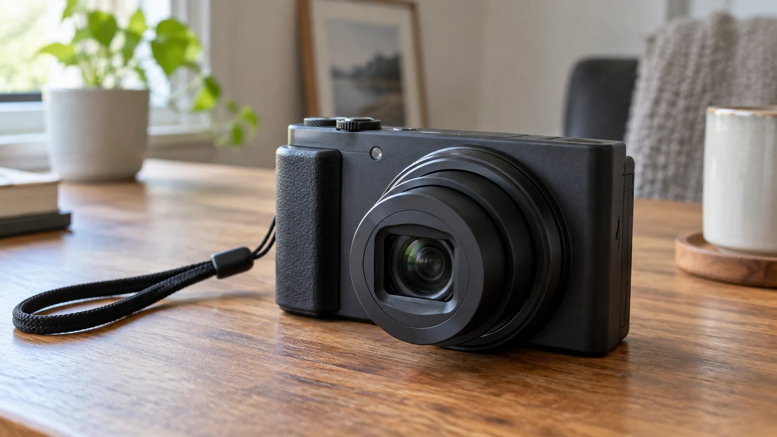 Sony ZV-1 II photo review checks: An unbranded compact camera with a wrist strap rests on a wooden table.