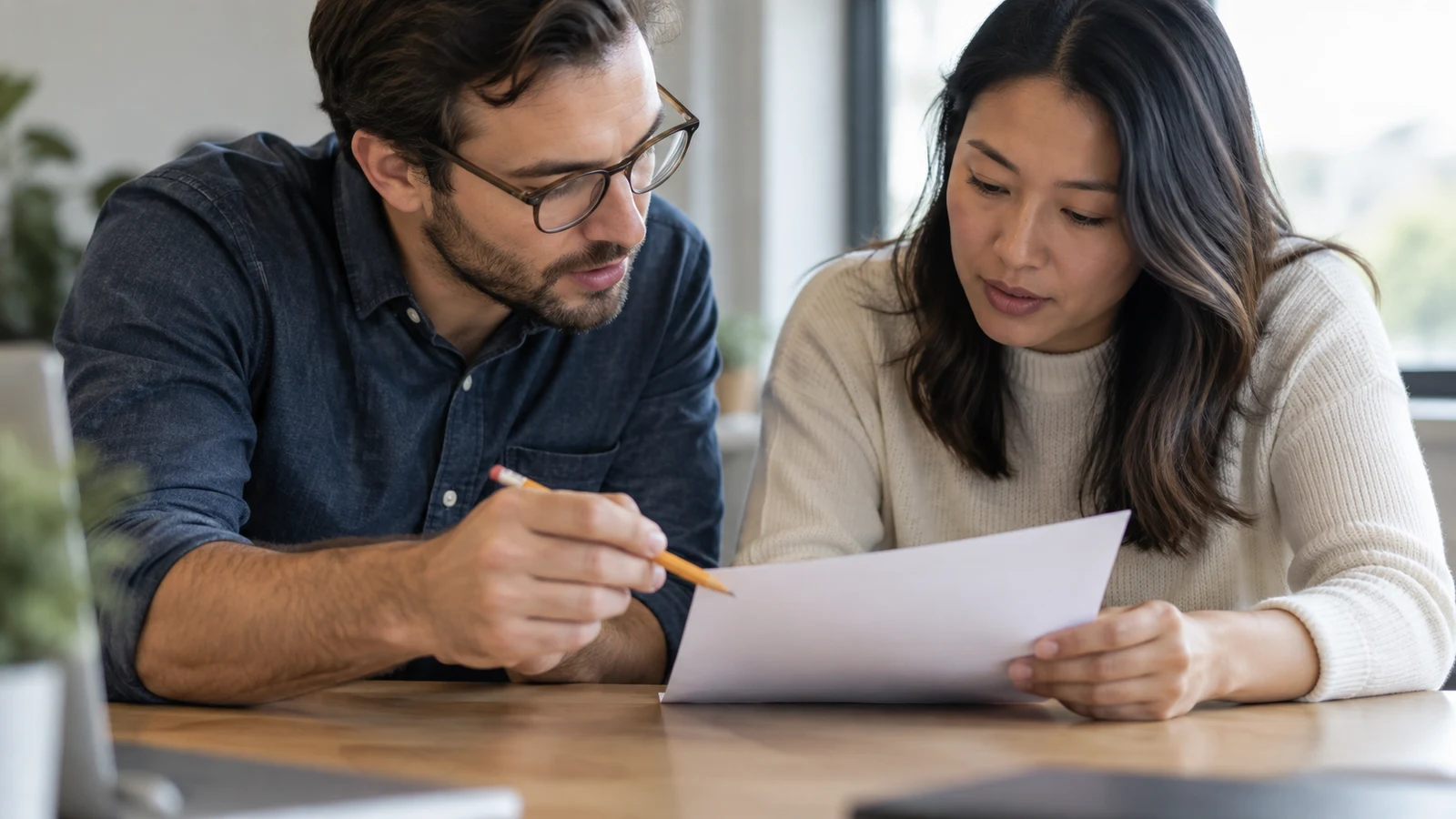 pronoun references: Two adults look at a sheet of paper while one points with a pencil at a wooden table.