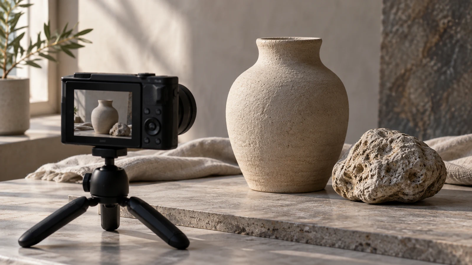 Sony ZV-1 II texture photography: A compact camera on a tripod faces a textured ceramic vase and stone on a sunlit table.