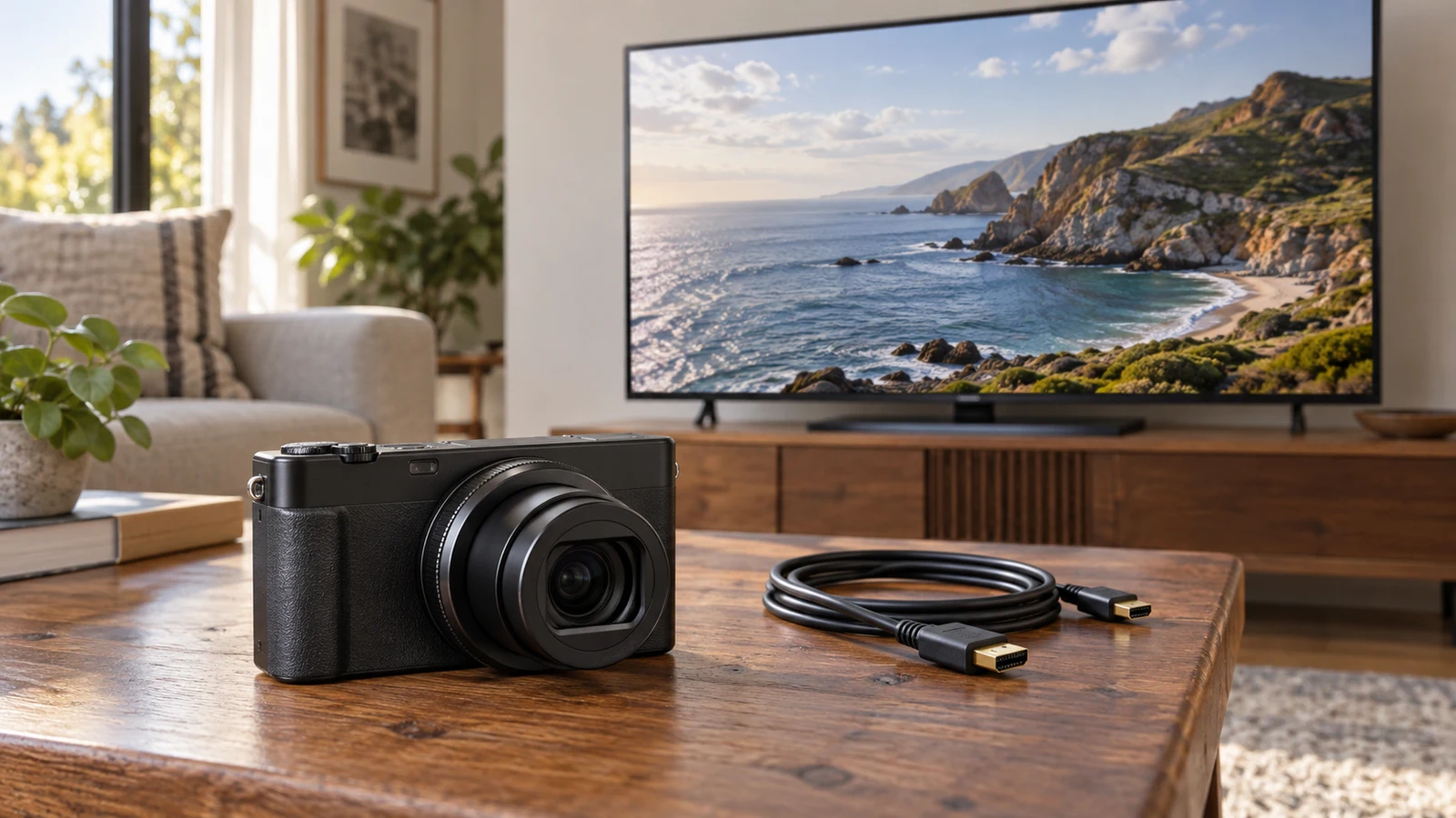 Sony ZV-1 II TV playback checks: A compact camera and cable sit on a wooden table before a television showing a coastline.