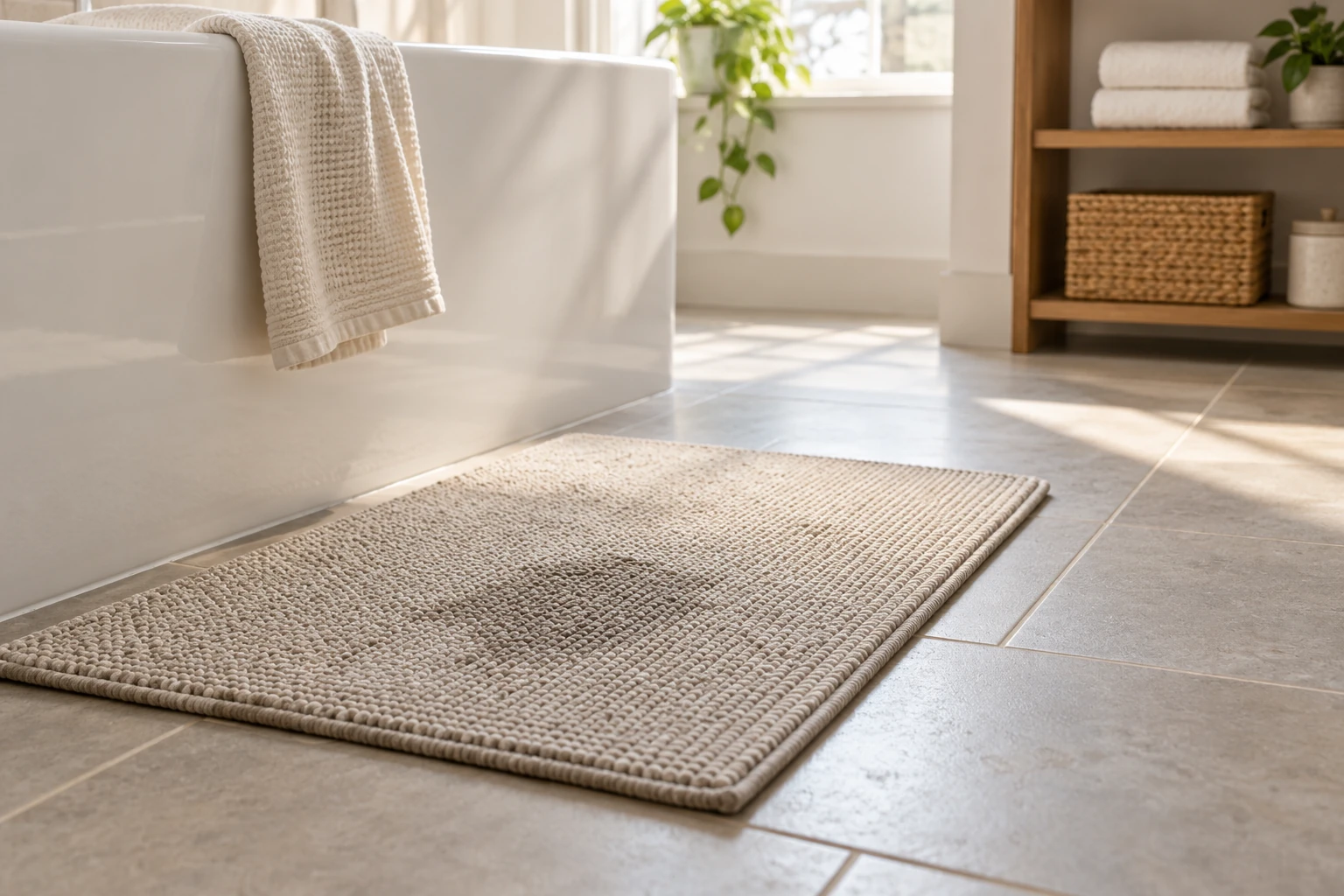 bath mat still damp question illustrated by a woven mat on bathroom tile beside a tub, with towels nearby
