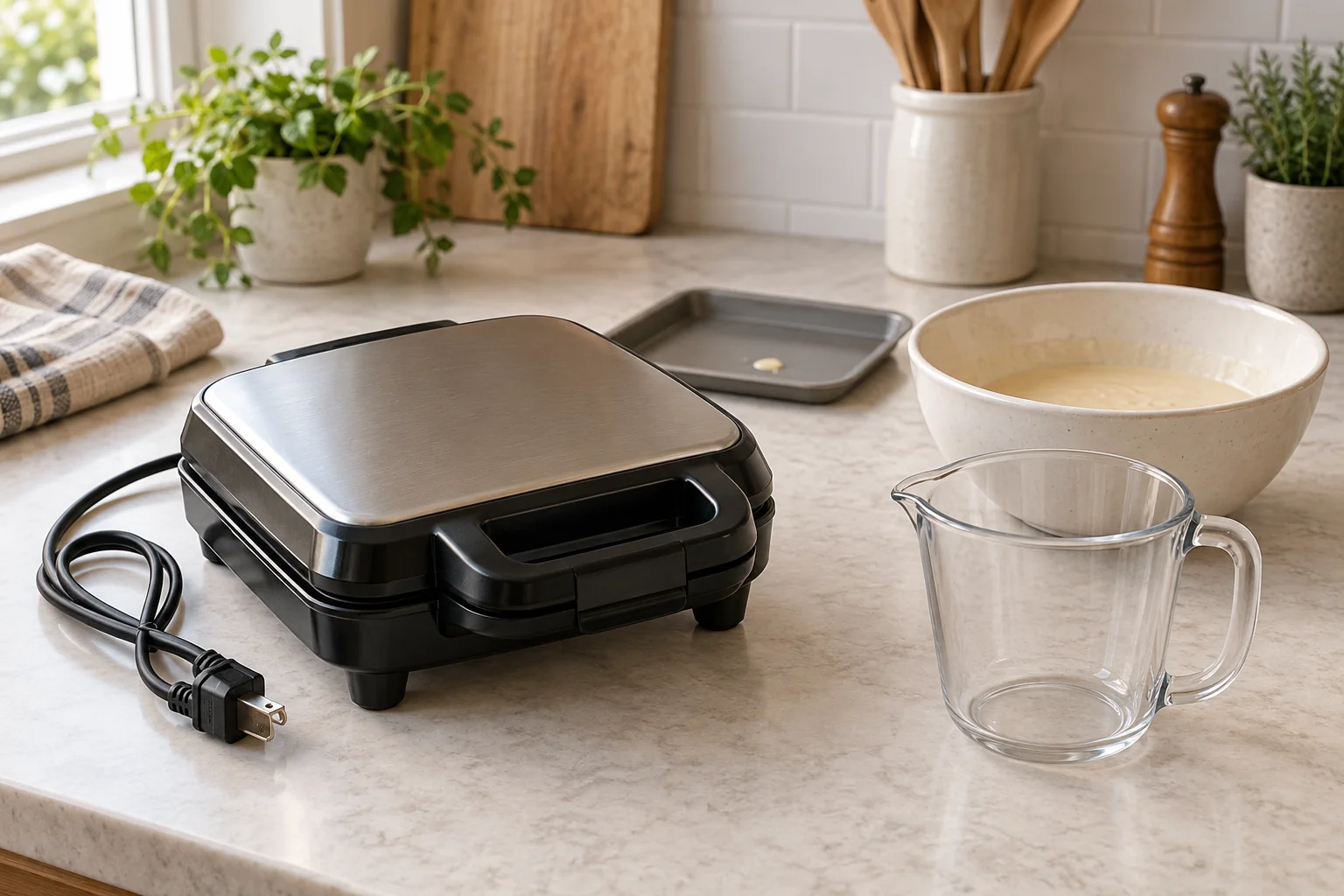 Waffle batter overflowing concept with a whole generic idle waffle maker, a whole empty measuring cup and a whole mixing bowl on a clear counter.