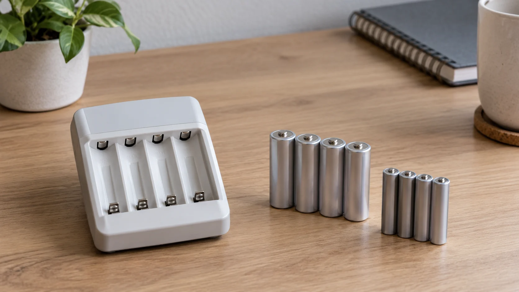 AA battery cost illustrated by whole generic inactive cylindrical cells beside an unplugged empty charger, without retail identity or charging instructions.