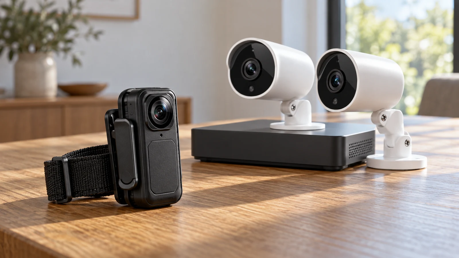 YYUU wearable action camera: A black clip-on camera, two white security cameras, and a recorder sit on a wooden table.