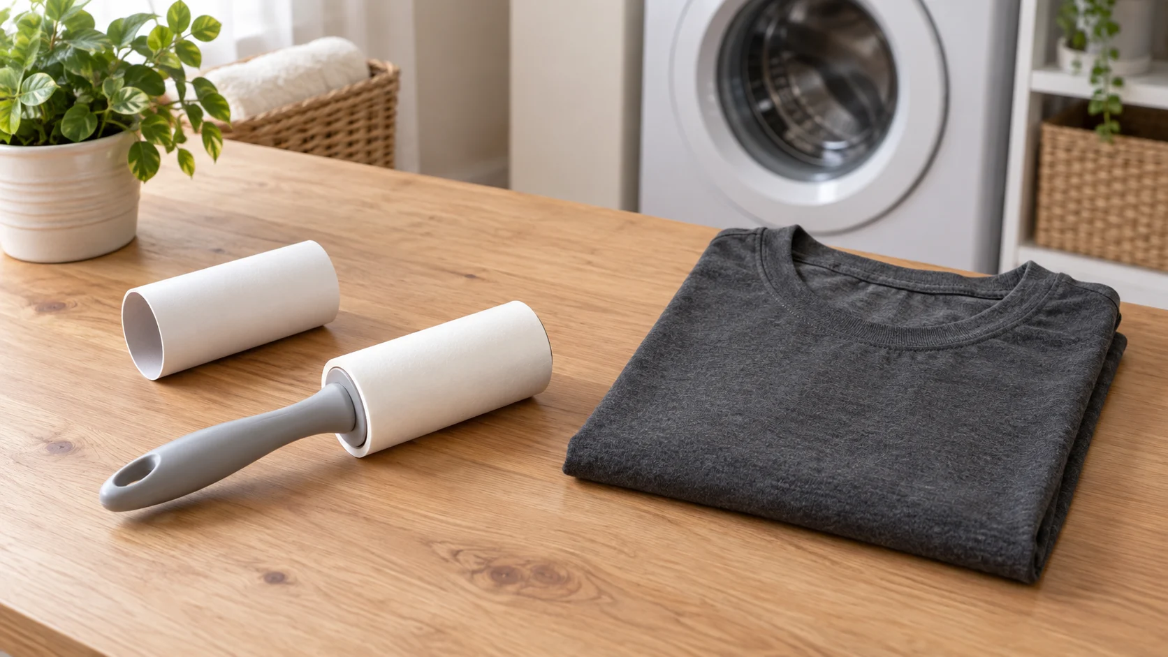 Lint roller not picking up lint concept with a whole generic adhesive roller, separate paper cover and folded gray shirt on a tabletop.