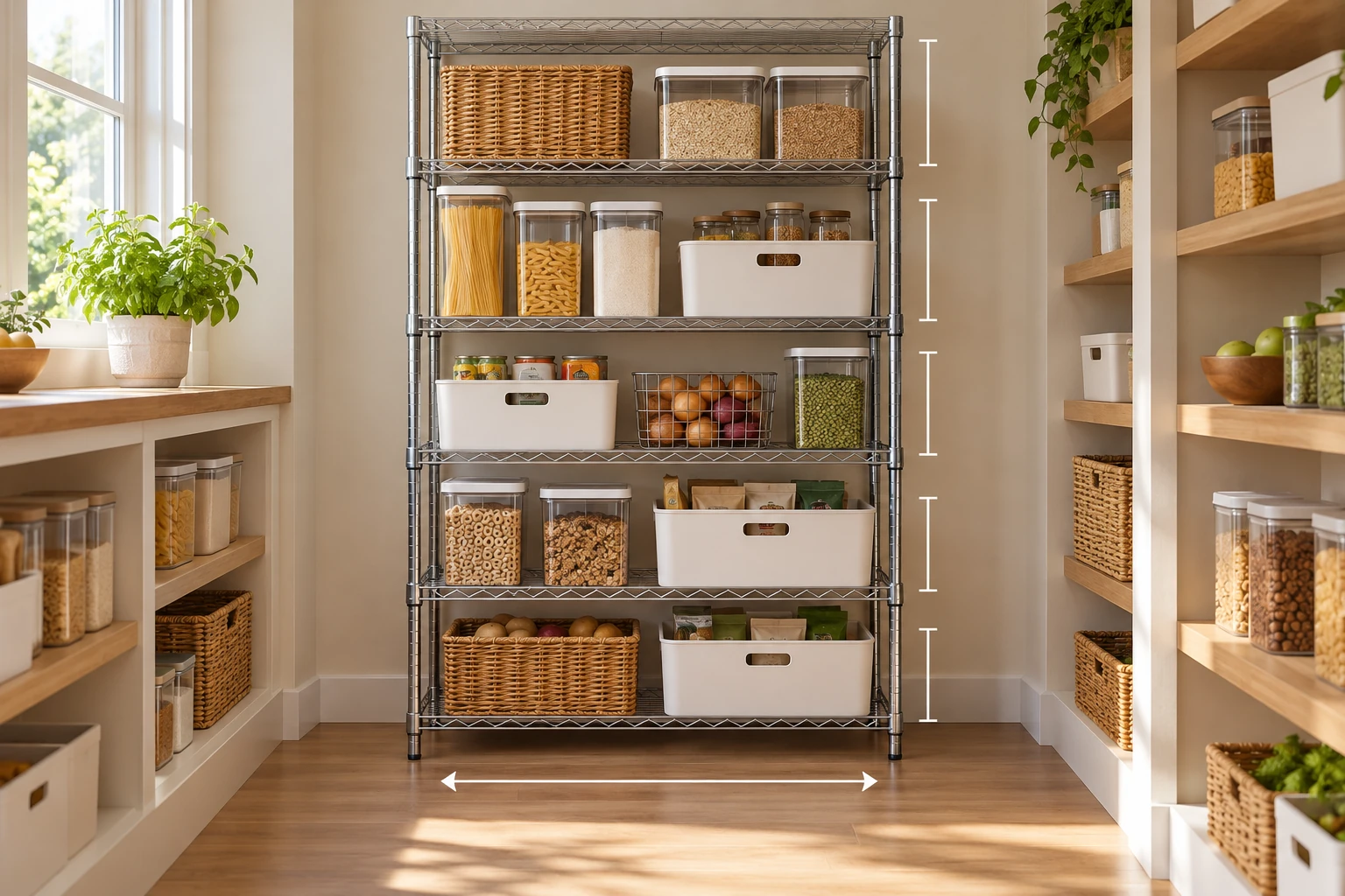 Pantry wire shelving setup sketch with five shelf levels, varied bins, spacing marks and a clear path for pulling a container out.