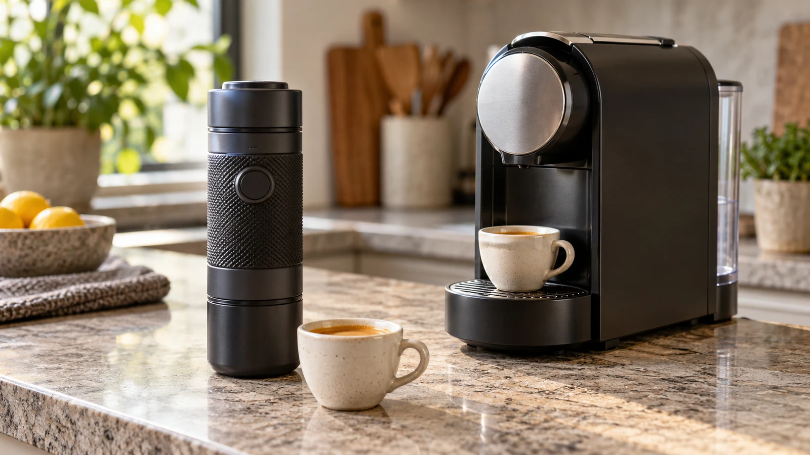 Miathu portable espresso maker: Two coffee makers and ceramic espresso cups sit on a stone kitchen counter.