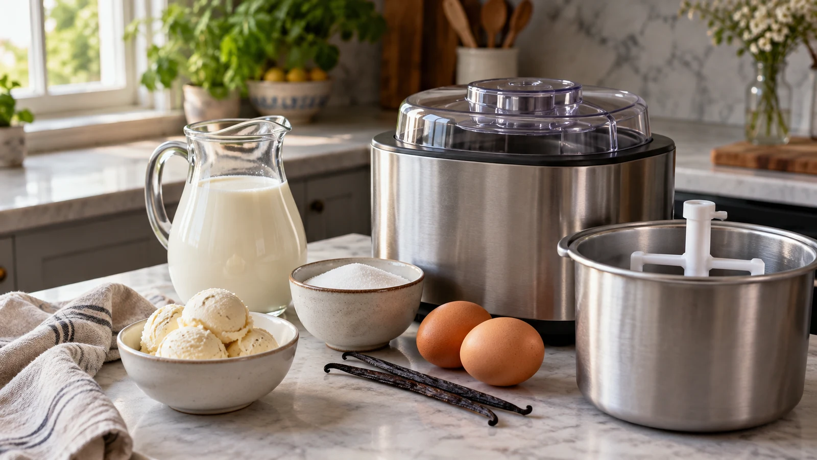 ice cream maker recipe checks: An unbranded ice cream maker, eggs, cream, sugar and ice cream sit on a kitchen counter.