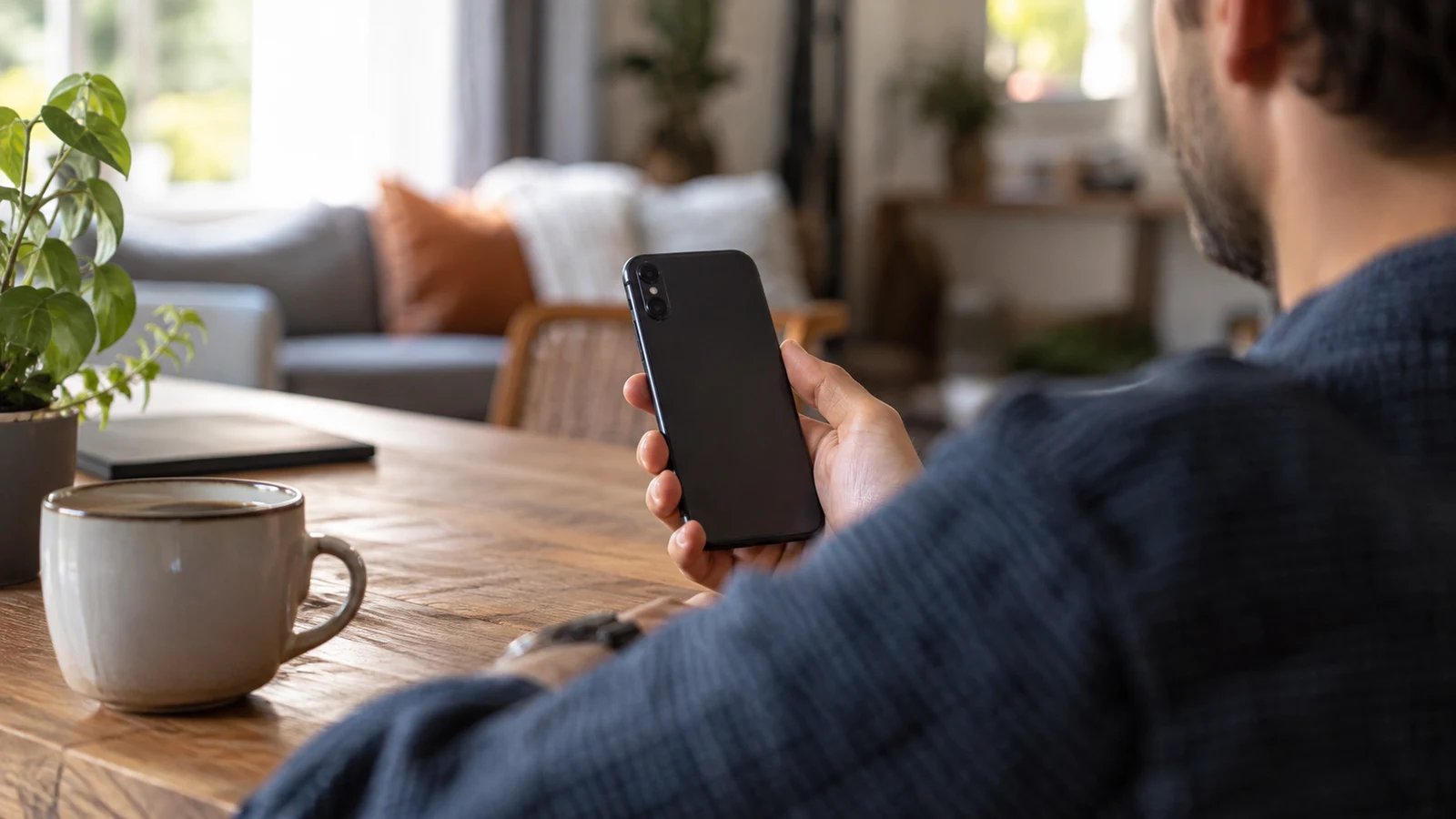 pay with bitcoin online: A person holds a black smartphone beside a ceramic mug on a wooden table.