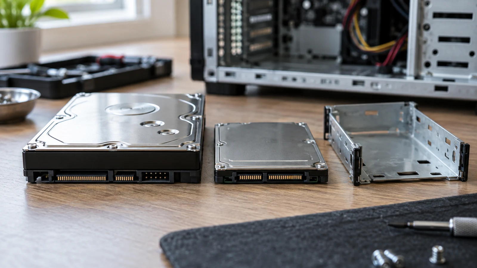hard drive compatibility: Two differently sized drives and an empty metal mounting tray sit on a wooden workbench.