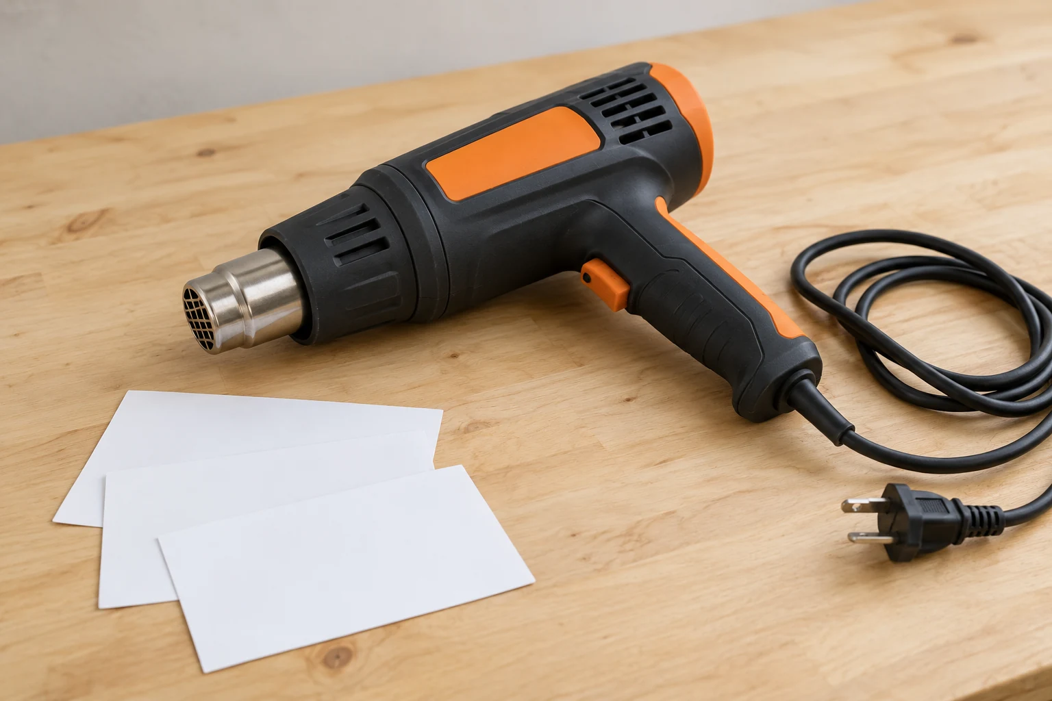 Heat gun quantity budget with a generic heat gun beside blank planning cards on a plain workbench.