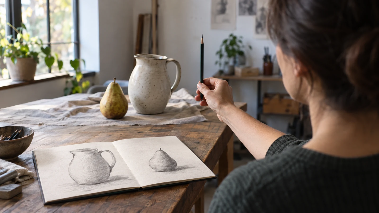 observational drawing practice: A person holds a pencil upright beside a pitcher, a pear, and an open sketchbook.