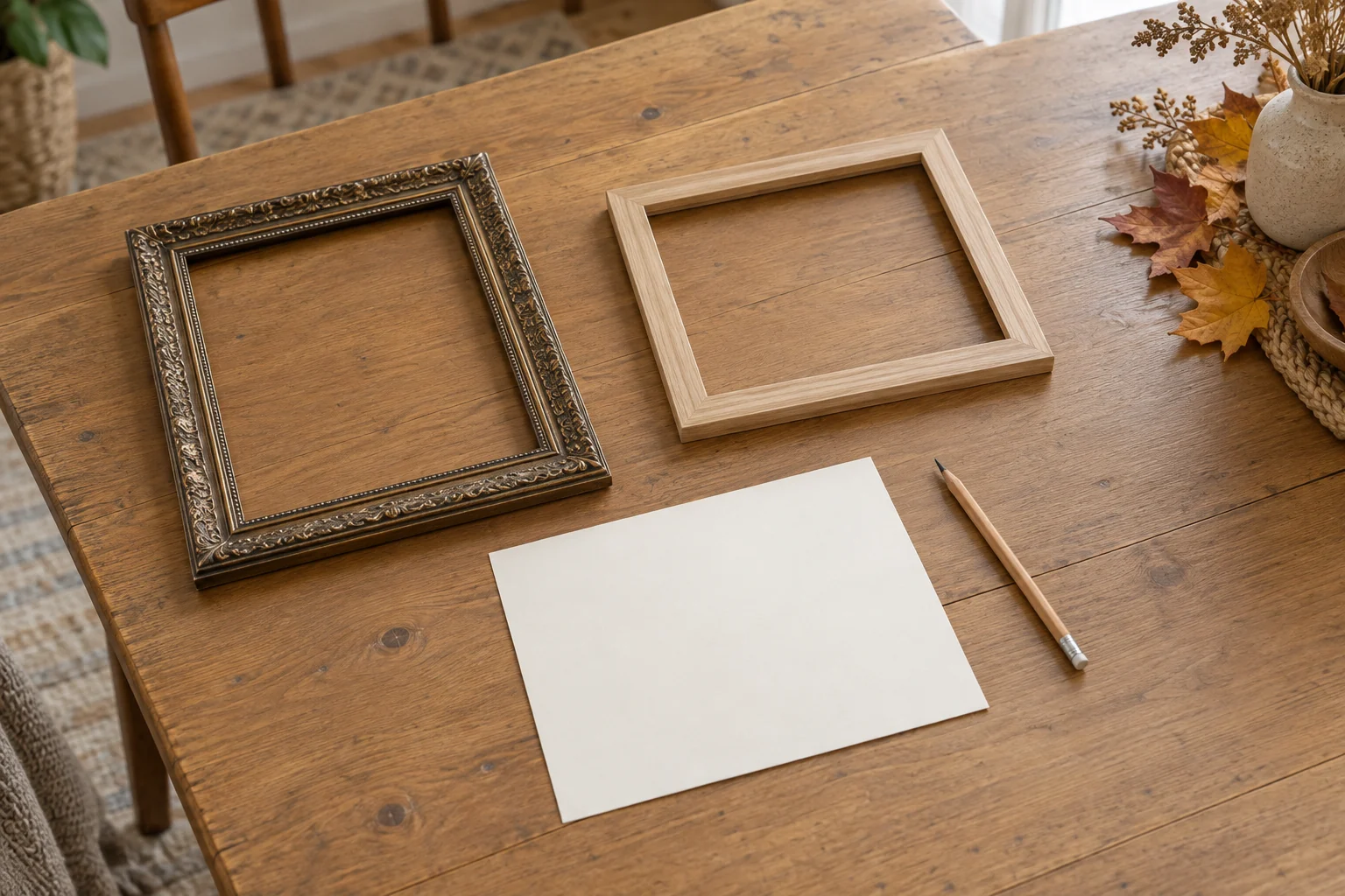 Thanksgiving menu display concept with two complete generic empty frames, separate plain paper and pencil; no exact retail models, readable menu or fitted print result.