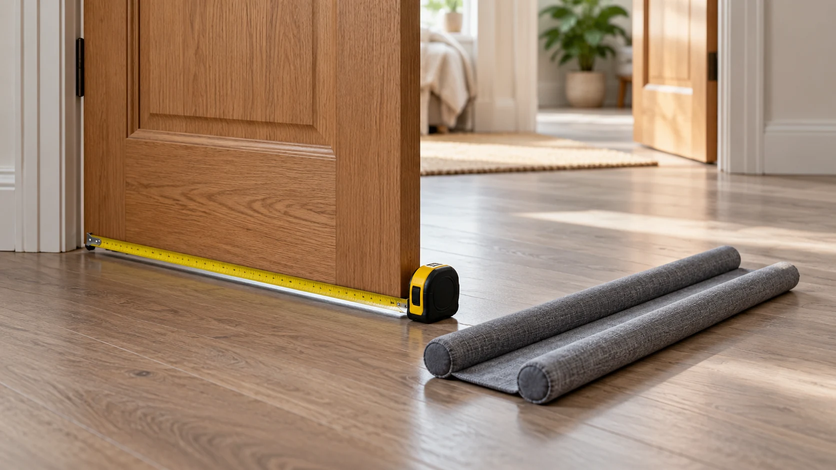 Planning door draft stopper fit with a tape measure across a wooden door bottom and an uninstalled twin-sleeve stopper on the floor.