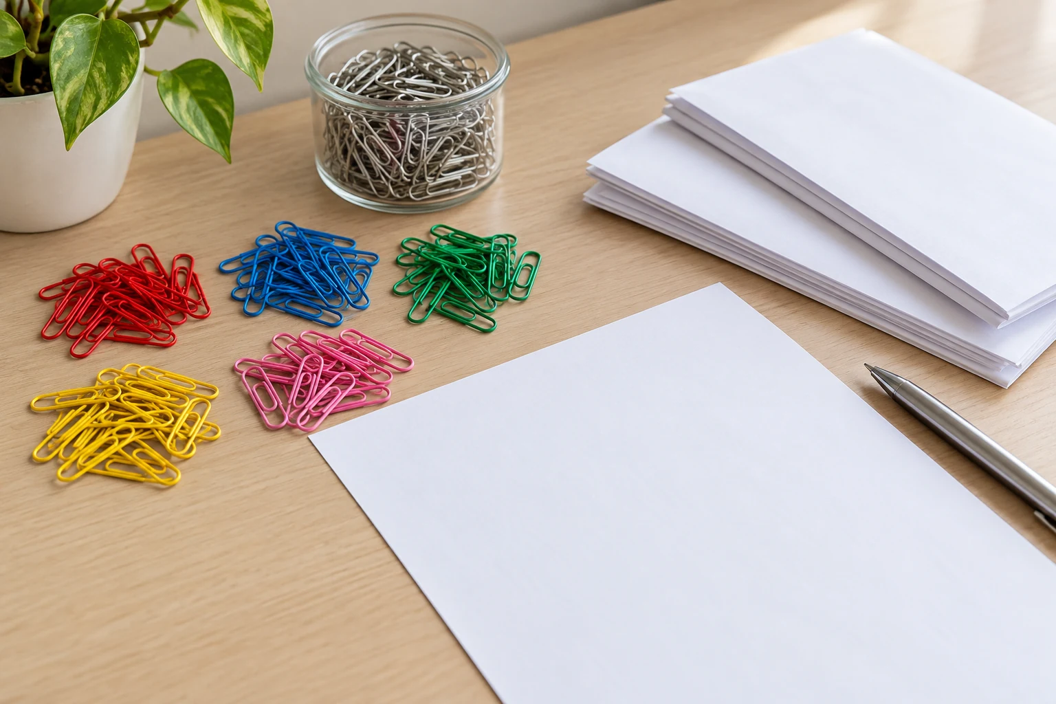 Paper clip color budget illustrated by separate colored wire-clip groups and a silver clip supply beside a blank allocation worksheet for office packets