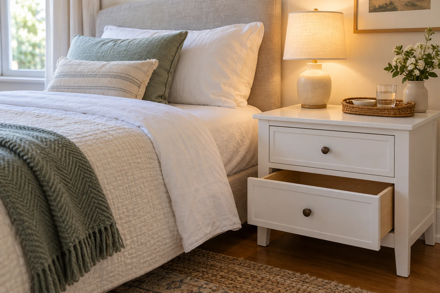 guest nightstand setup beside a made bed, with a lamp, clear surface, small tray and an open mostly empty drawer.