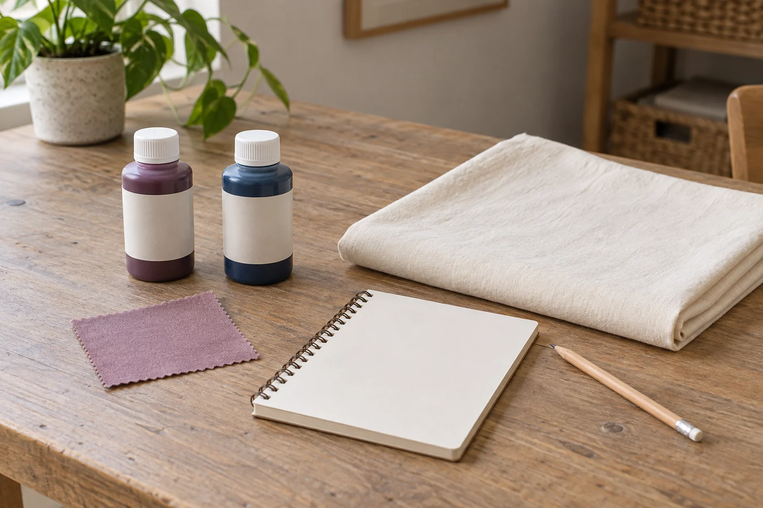 Fabric dye swatch test planning concept with two whole generic capped dye bottles, an invented coloured fabric sample, undyed cloth and a blank notebook.