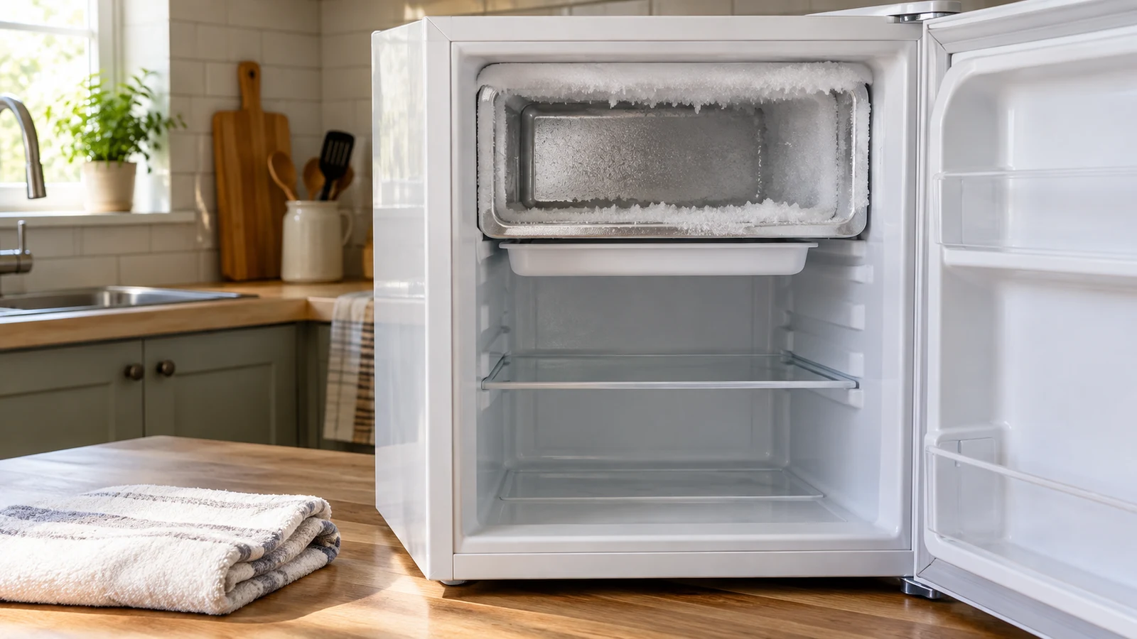 mini fridge defrost requirements: An open white mini fridge has a frosted freezer compartment beside a folded towel.