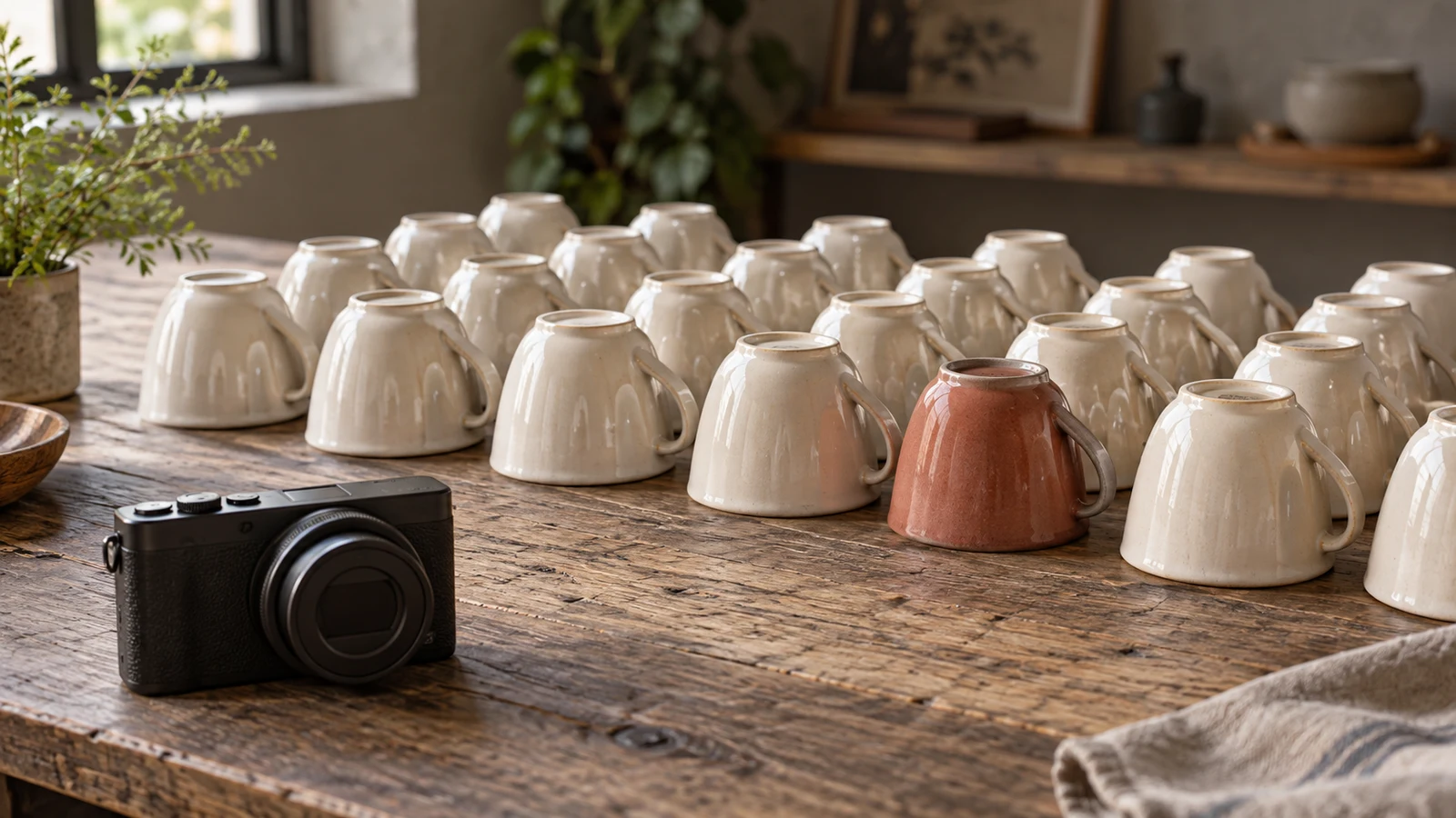 Sony ZV-1 II pattern photography: A compact camera sits beside rows of cream cups and one terracotta cup on a wooden table.