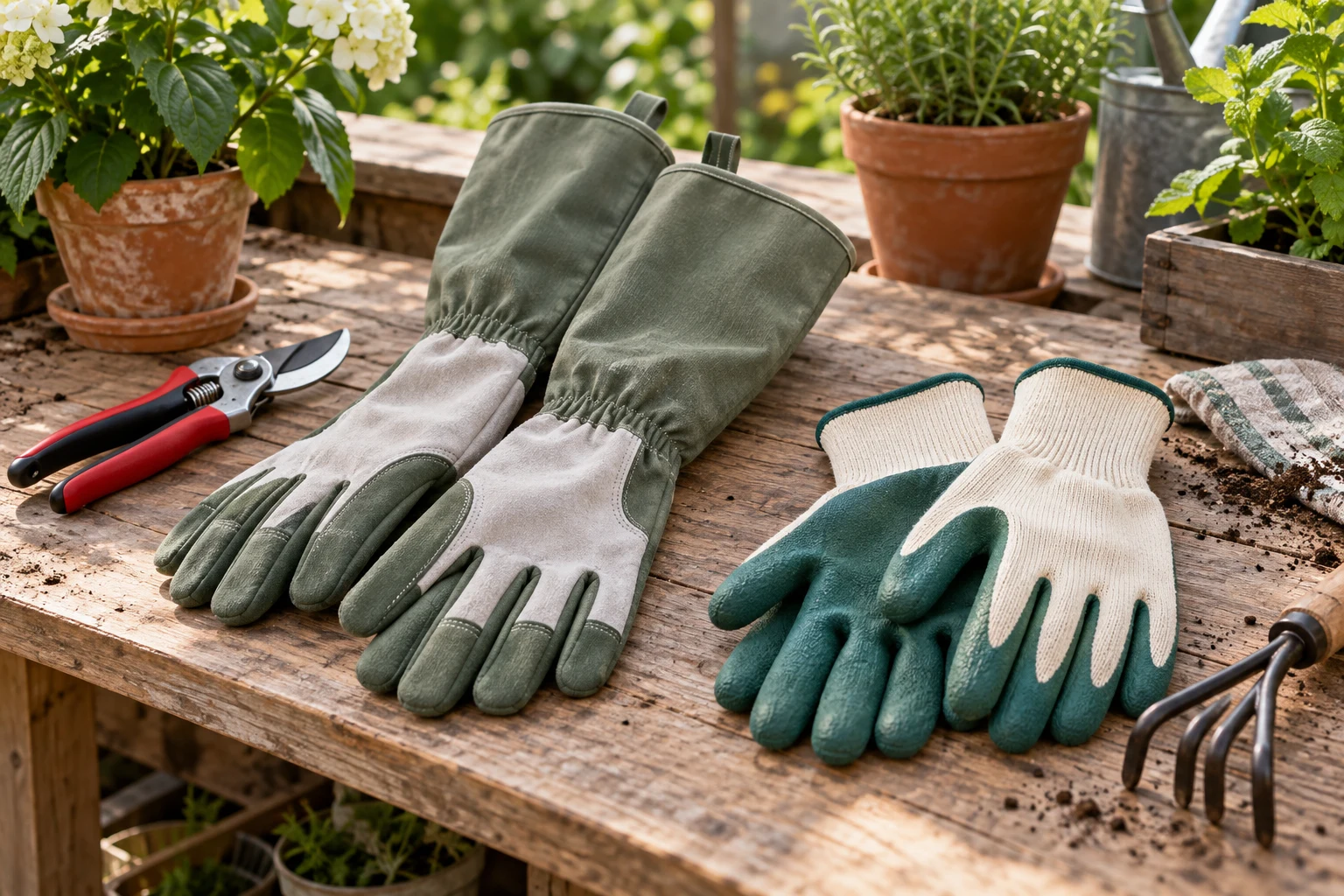 gardening glove coverage and grip illustrated by long-cuff and coated-palm gloves beside pruning shears and a hand rake.