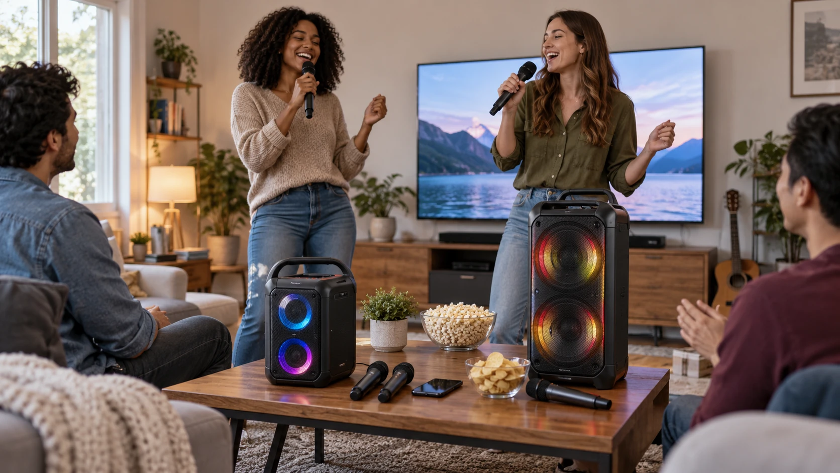 For Peski 15W karaoke speaker, weigh microphones, playback inputs, stereo pairing, lighting, power, room fit, and setup questions.