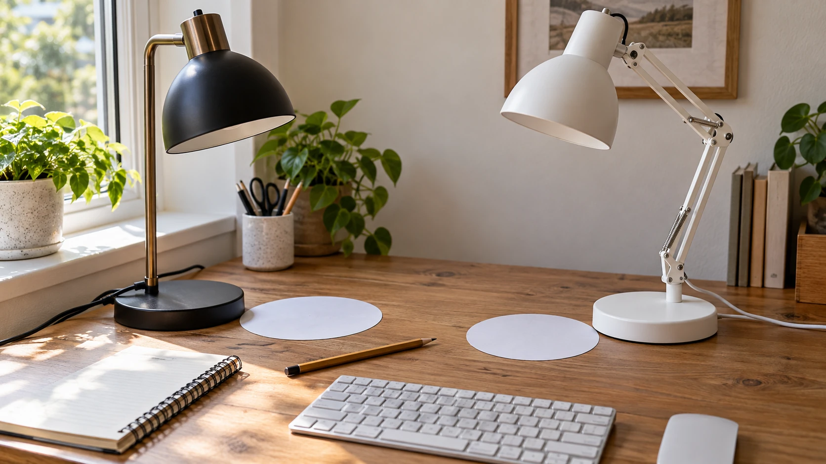 desk lamp base crowding test with paper base templates beside a black and a white desk lamp on a compact work surface.