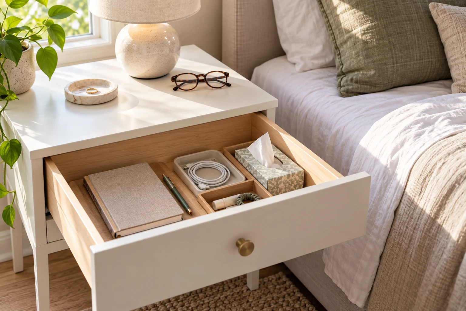 bedside drawer organization shown by an open white nightstand drawer with a few separated everyday essentials and a clear top beside the bed.