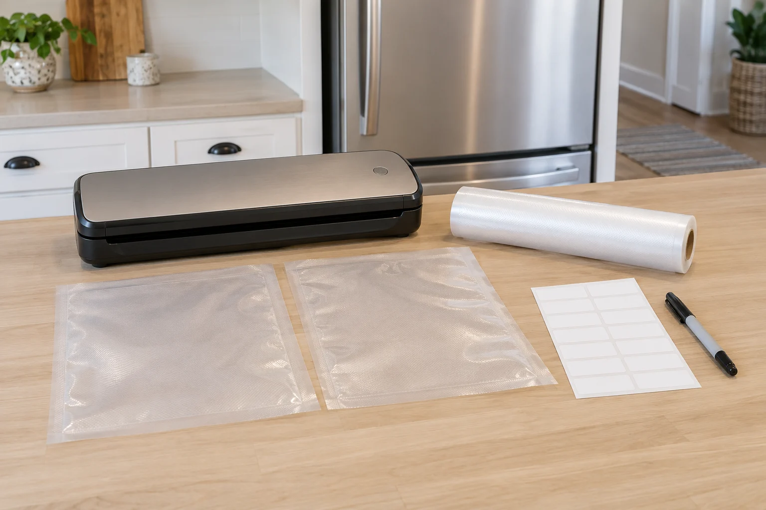 Vacuum sealing for freezer storage illustrated by a whole generic inactive sealer, empty bags, bag roll, blank labels and capped marker.