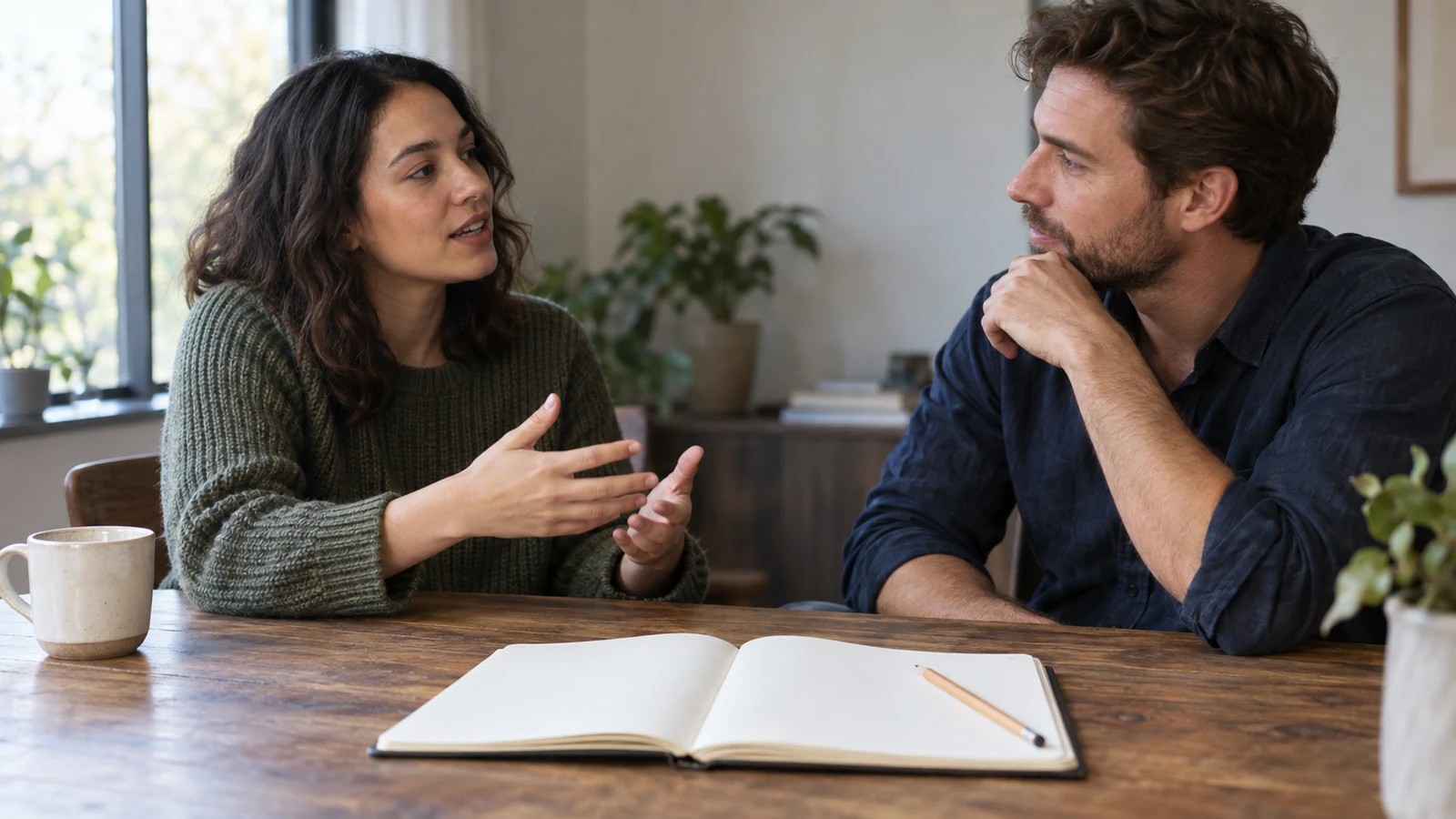 dialogue paragraphing: Two adults face each other across a wooden table with an open blank notebook.