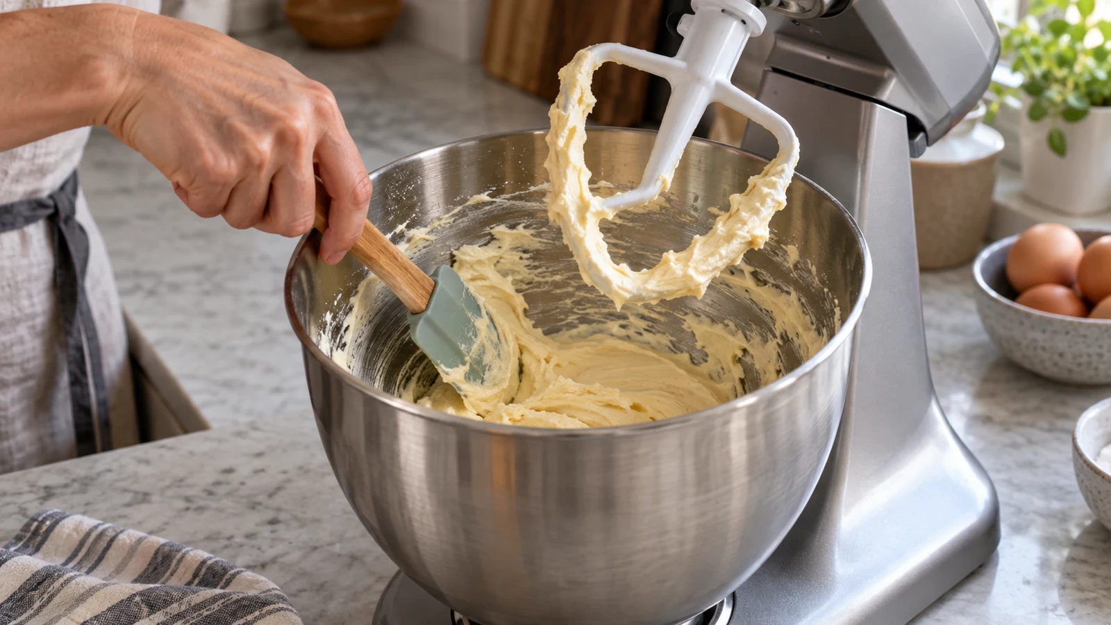 stand mixer bowl scraping: A hand uses a spatula to scrape batter from a stand mixer's steel bowl.