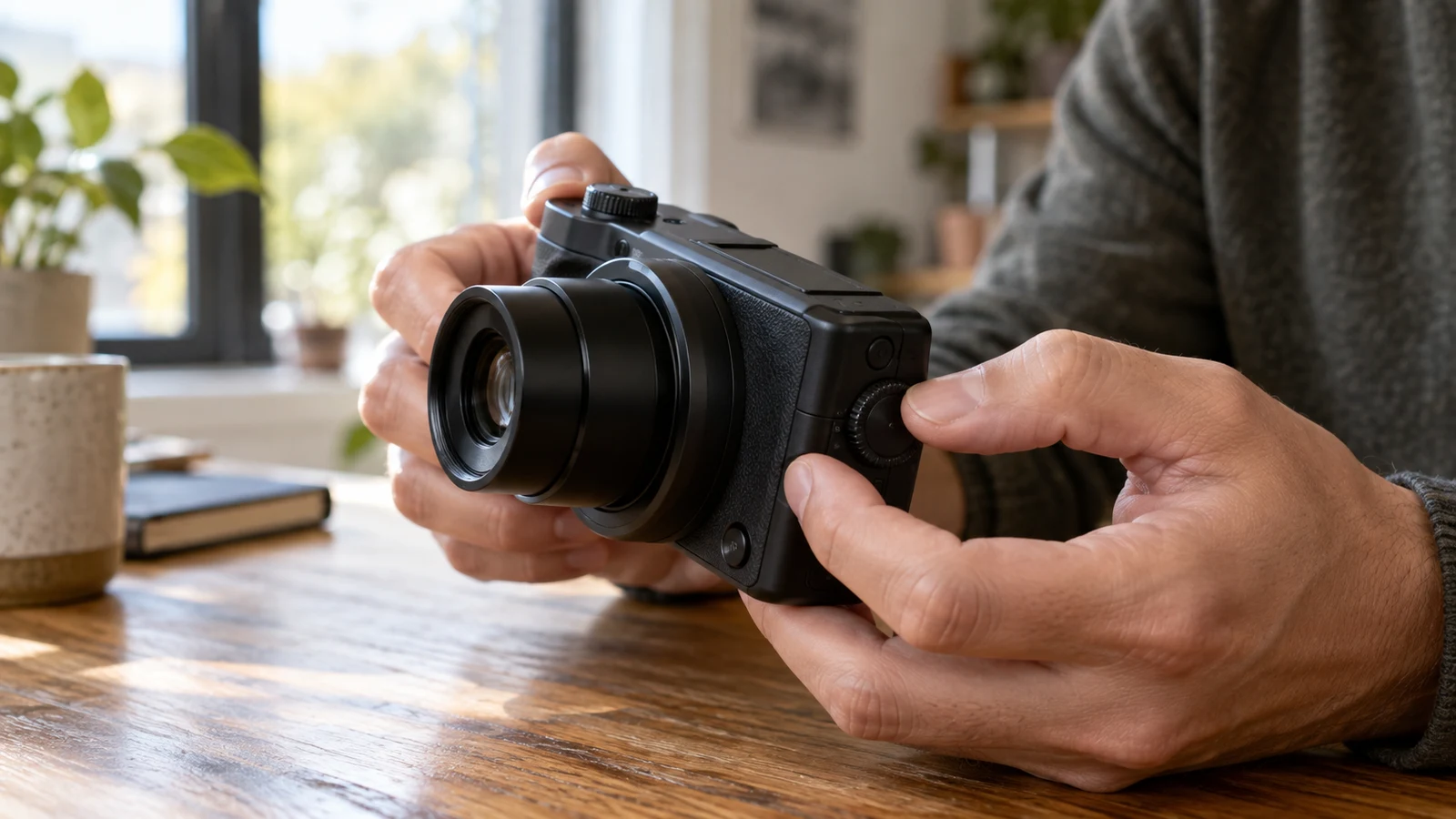 Sony ZV-1 II manual focus checks: Hands hold an unbranded black compact camera above a wooden table.