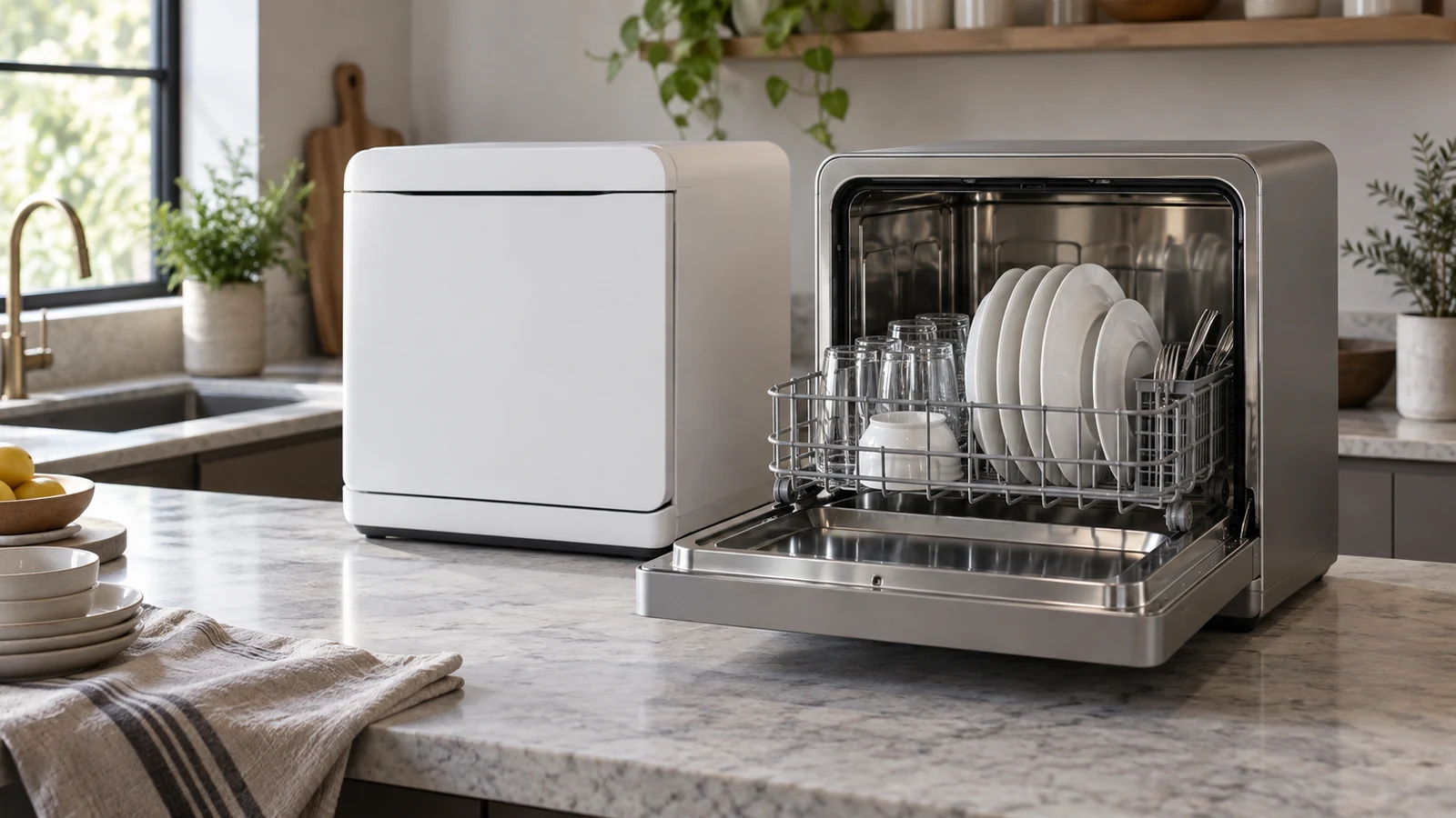 Auseo six-program countertop: Two unbranded dishwashers, one open with plates and glasses, sit on a kitchen counter.